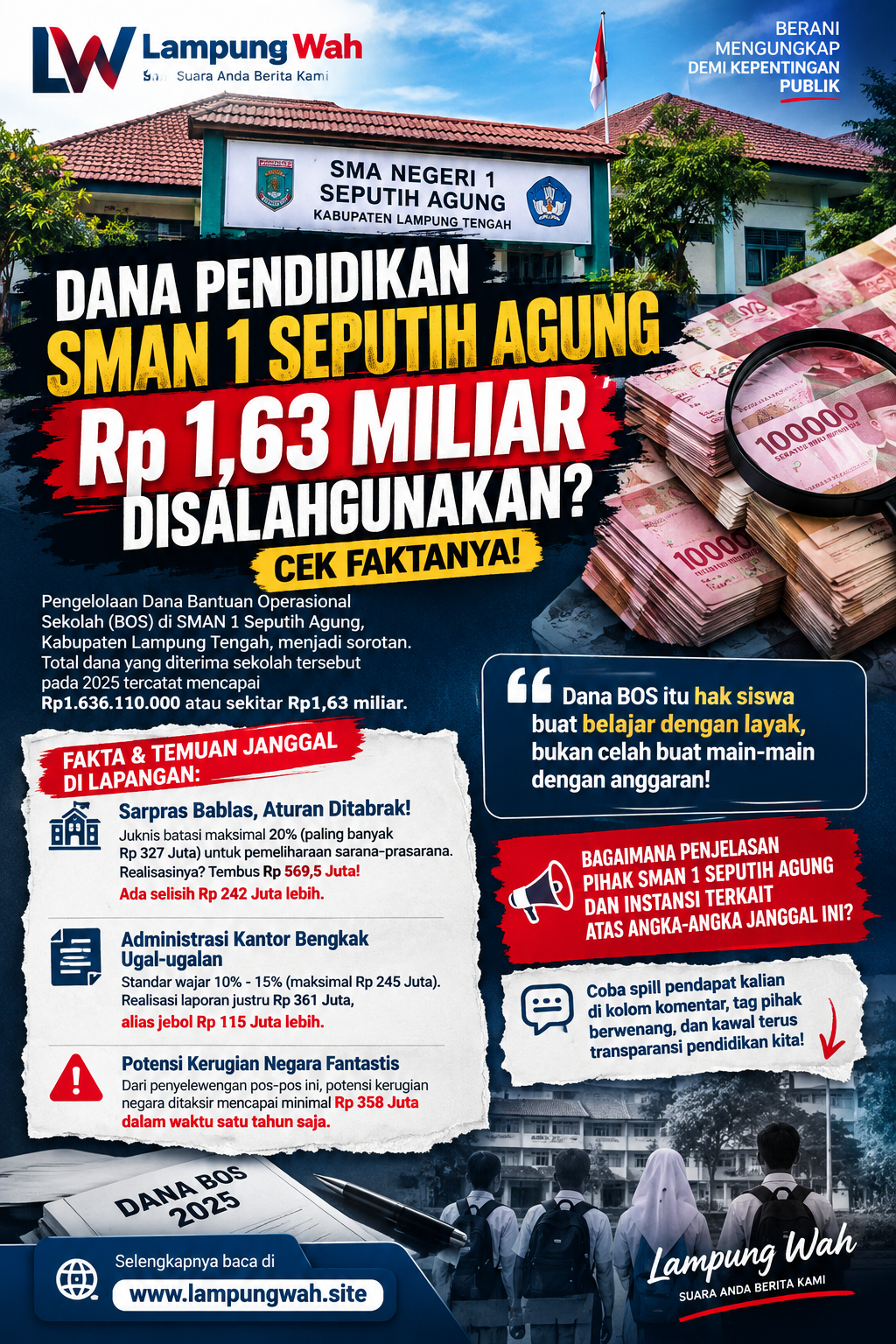 Dana Pendidikan SMAN 1 Seputih Agung Rp1,63 Miliar Disorot, Sejumlah Pos Belanja Diduga Tak Sesuai Juknis