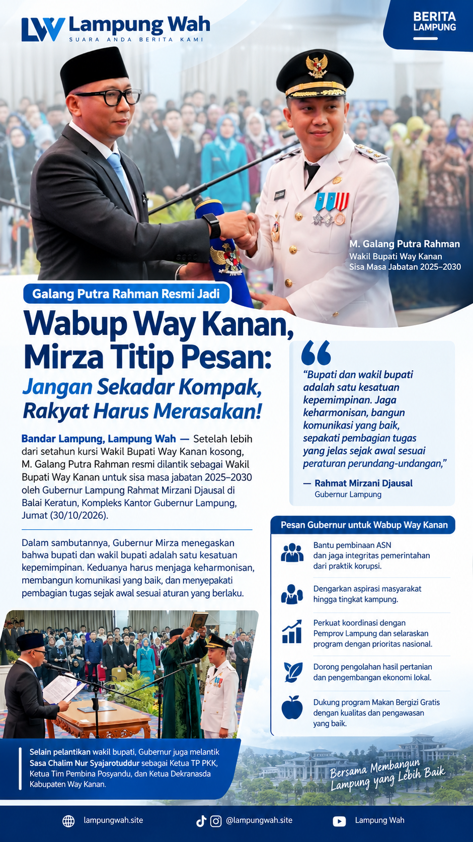 Galang Putra Rahman Resmi Jadi Wabup Way Kanan, Mirza Titip Pesan: Jangan Sekadar Kompak, Rakyat Harus Merasakan!